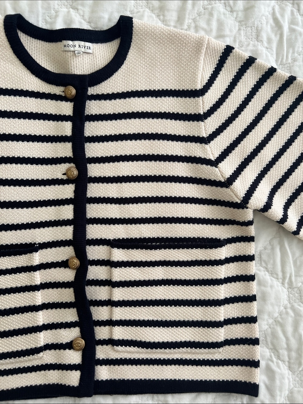 Moon River Cream and Navy Striped Button Front Cardigan